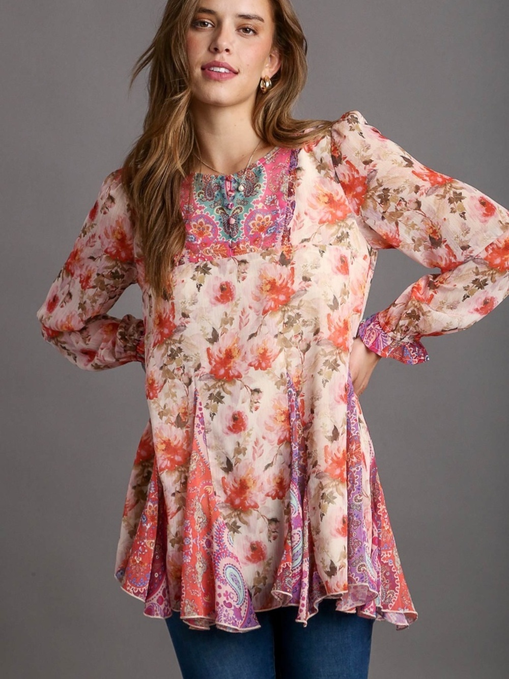 Umgee Floral & Paisley Boho Babydoll Tunic Top – Rose Multi